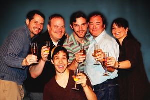 Evan (Michael Lopetrone, center) is surrounded by his friends (from L to R, Jamie Ric Photo