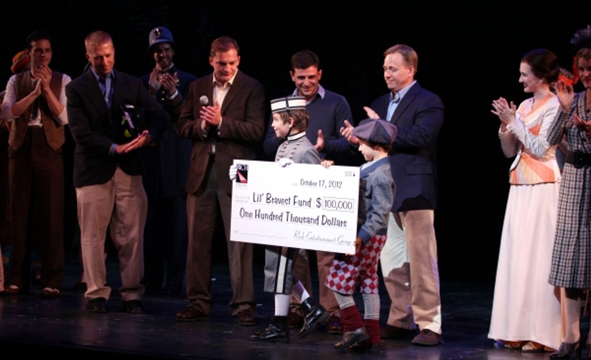 Ethan Khusidman & Zachary Unger & Company during the Curtain Call and check presentation to Christopher Horgan, Jonathan Ziegler and Timothy Carroll from The Lil' Bravest INC Charity at 'Chaplin' at the Barrymore Theatre in New York City on 11/09/2012 at 