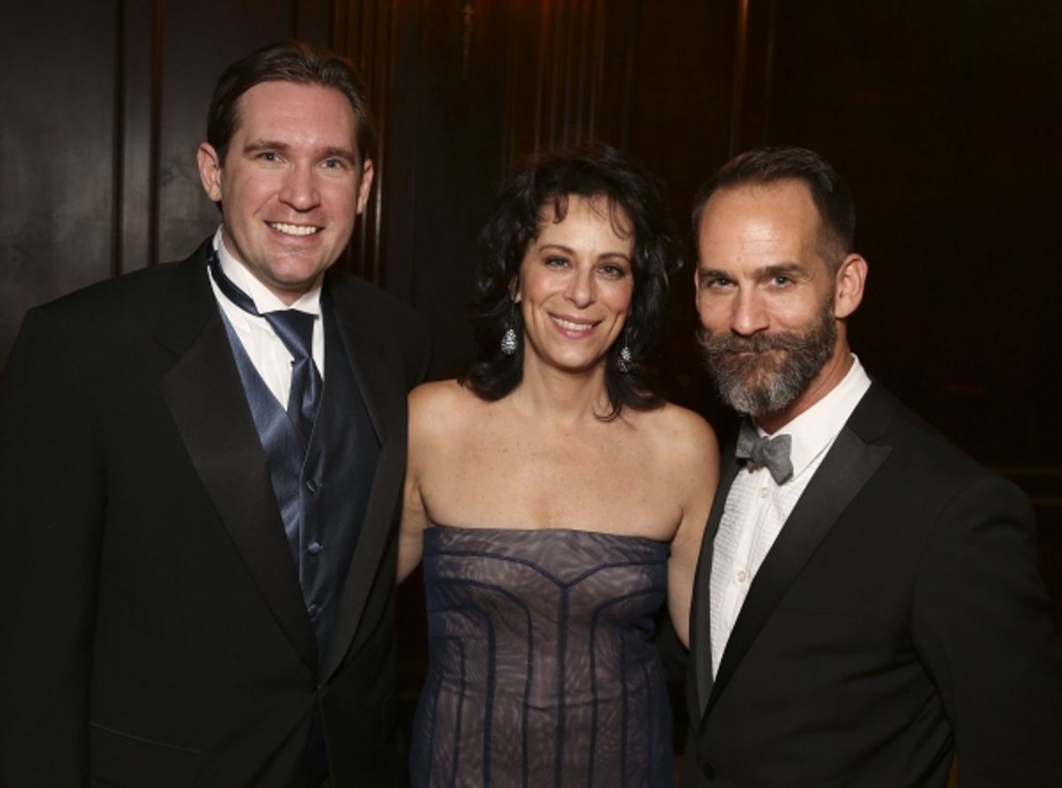 From left, Douglas R. Clayton, Associate Producer LA Stage Alliance, host Jane Kaczmarek and Terence McFarland, Executive Producer LA Stage Alliance pose during the 2012 LA Stage Alliance Ovation Awards ceremony held at the Los Angeles Theatre on Monday,  at 