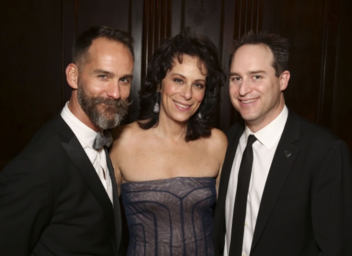 From left, Terence McFarland, Executive Producer LA Stage Alliance, host Jane Kaczmarek and Brian Kite, Producing Artistic Director La Mirada Theatre for the Performing Arts pose during the 2012 LA Stage Alliance Ovation Awards ceremony held at the Los An at 