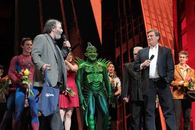 Michael Cohl, Jeremiah Harris and the cast of Spider-Man Turn Off the Dark Photo