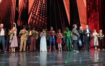 Michael Cohl, Jeremiah Harris and the cast of Spider-Man Turn Off the Dark Photo