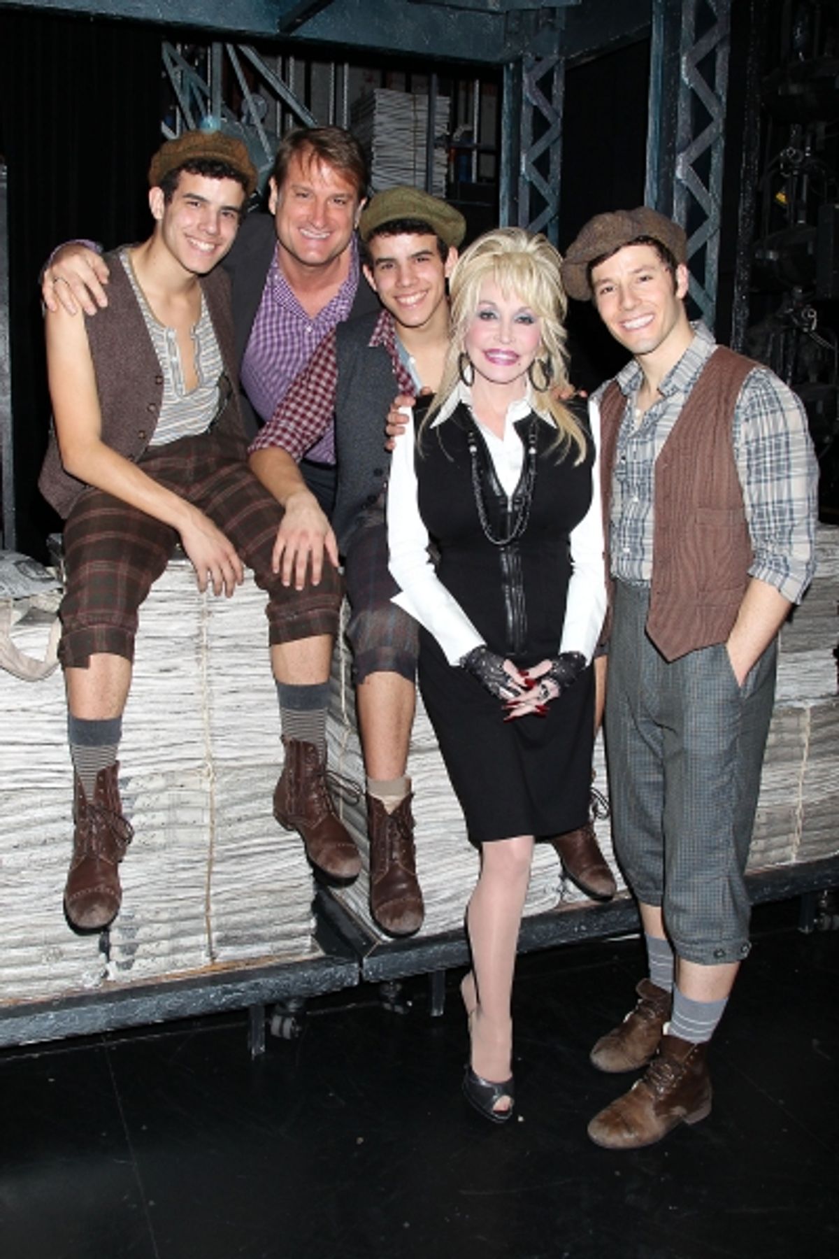 -New York, NY - 11/28/12 - Dolly Parton Visits the Cast of NEWSIES after catching the November 28th performance.-PICTURED: Jacob Guzman,Jeff Calhoun(Director; Newsies),David Guzman,Dolly -PHOTO by: Dave Allocca /StarPix-Filename: DA48549133-Location: Nede at 