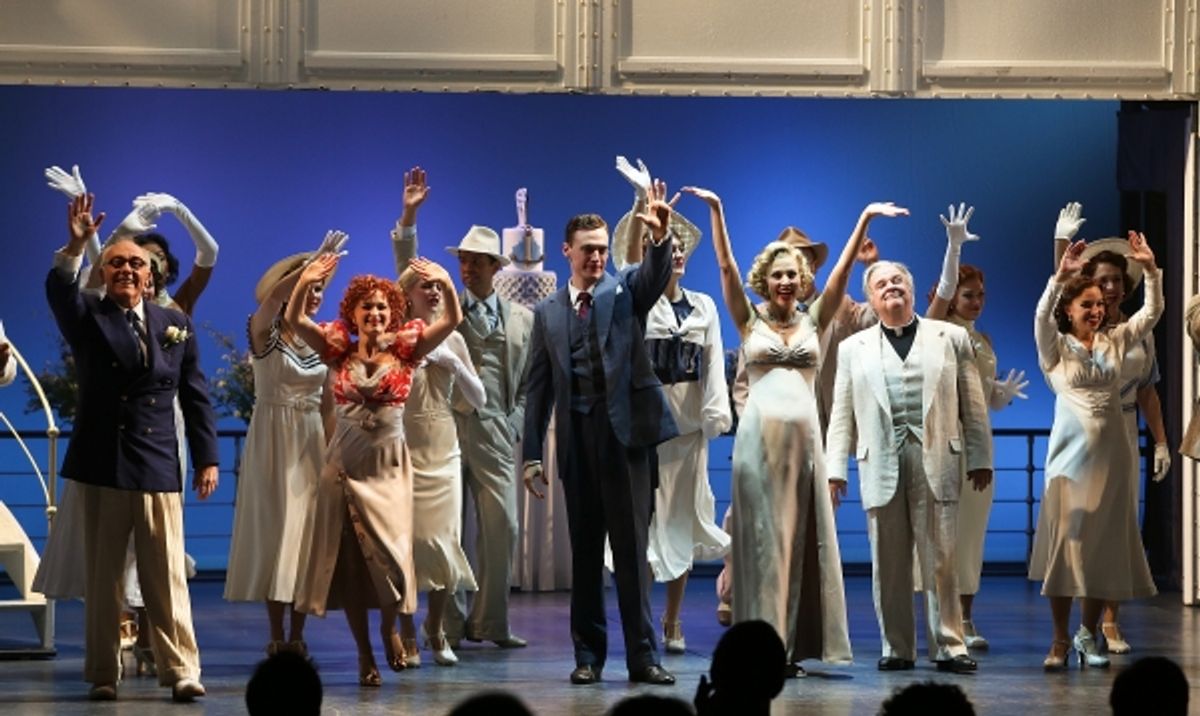 From left, cast members Dennis Kelly, Joyce Chittick, Erich Bergen, Rachel York, Fred Applegate and Alex Finke at the curtain call for the opening night performance of 'Anything Goes' at the Center Theatre Group/Ahmanson Theatre on 28,  Nov. 28, 2012, in  at 