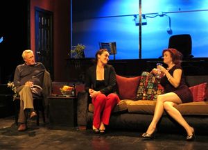 Richard Gunn (Bill Tatum, left) is a struggling baseball team owner torn between his lovely mistress (Chelsey Clime, center) and his trophy wife Rachel (Rachel Daye Adams, right). @ BroadwayWorld Richard Gunn (Bill Tatum, left) is a struggling baseball team owner torn between his Photo