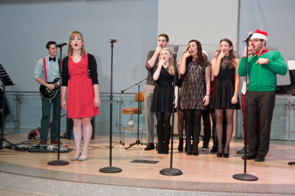  Mollie McComb singing 'Rudolph the Red Nose Reindeer' with Megan Morgan, Alexandra Ferrara, Brittney Bertier, Jason Evans, Joel Dommel, and James L'Esperance at 