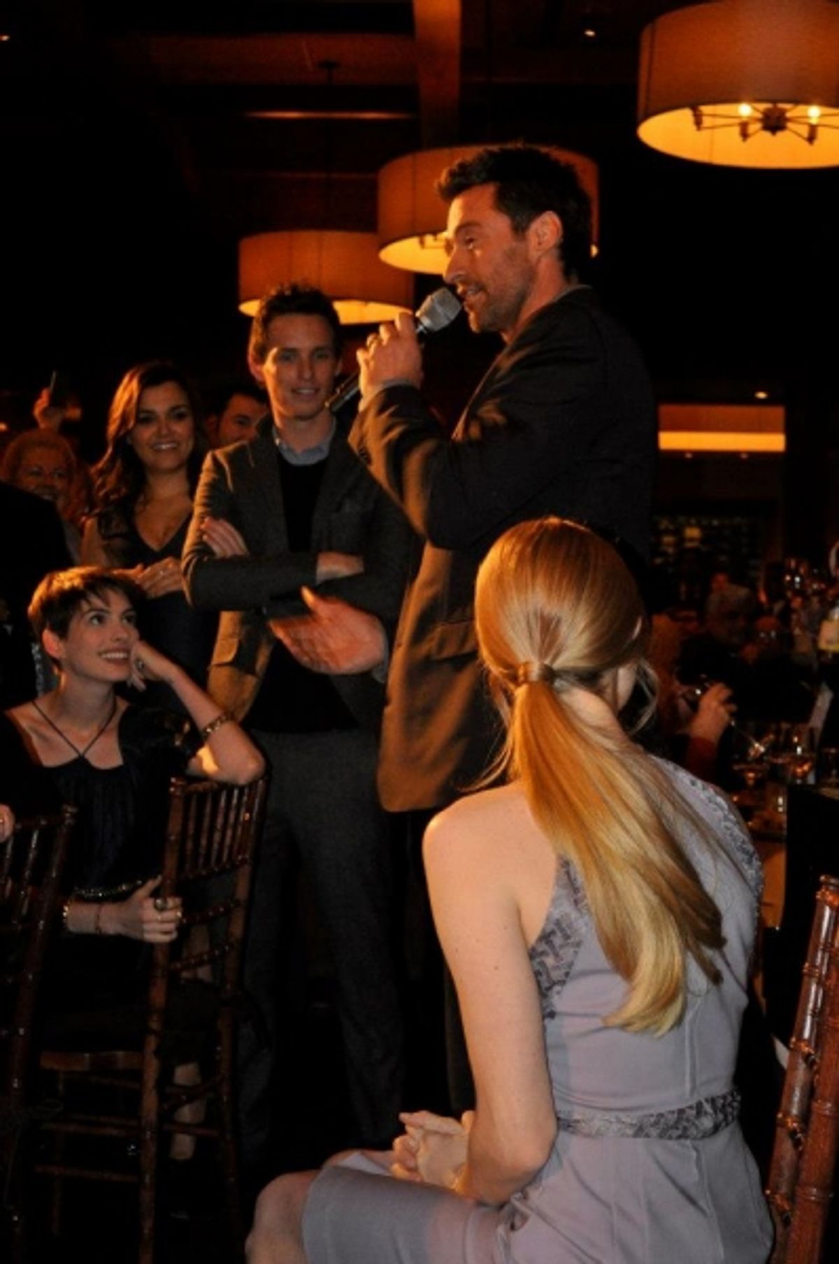 
(center) Hugh Jackman, (partly hidden) Amanda Seyfried, Anne Hathaway, Eddie Redmayne, Samantha Barks at 