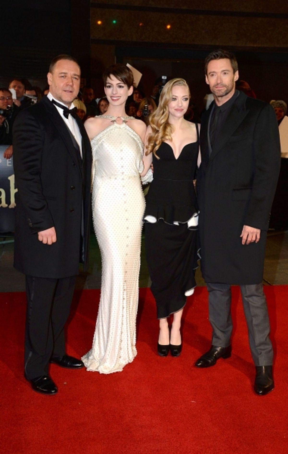 Mandatory Credit: Photo by Richard Young/Rex / Rex USA (1181255ag)Russel Crowe, Anne Hathaway, Amanda Seyfried, and Hugh Jackman'Les Miserables' film Premiere, London, Britain - 05 Dec 2012 at 