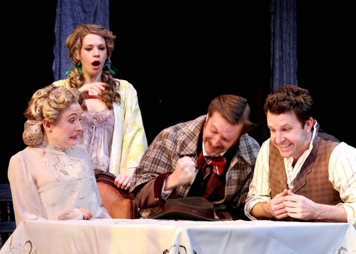 Jon Barker as actor Ferdinand Gadd celebrates his new role surrounded by fellow actors (l to r) Rose Trelawny played by Nisi Stugis, Avonia Bunn played by Rachel Fox and Tom Wrench played by John Patrick Hayden. at 