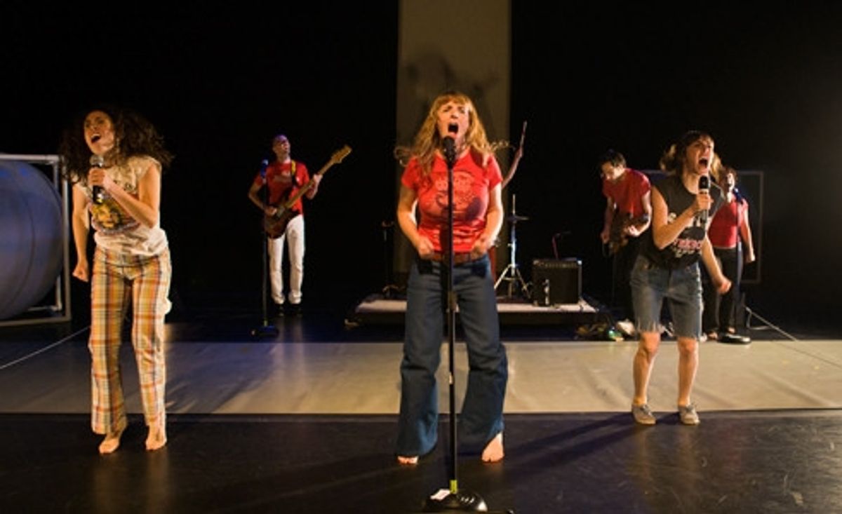 The ensemble rocks out to 'Breaks My f**king Heart.'  L-R: Maesie Speer, Jerry Tischleder, Erin Leddy, Matthew Dieckman, Julia Hammond, Liz Hayden.  Photo by Tim Summers. at 