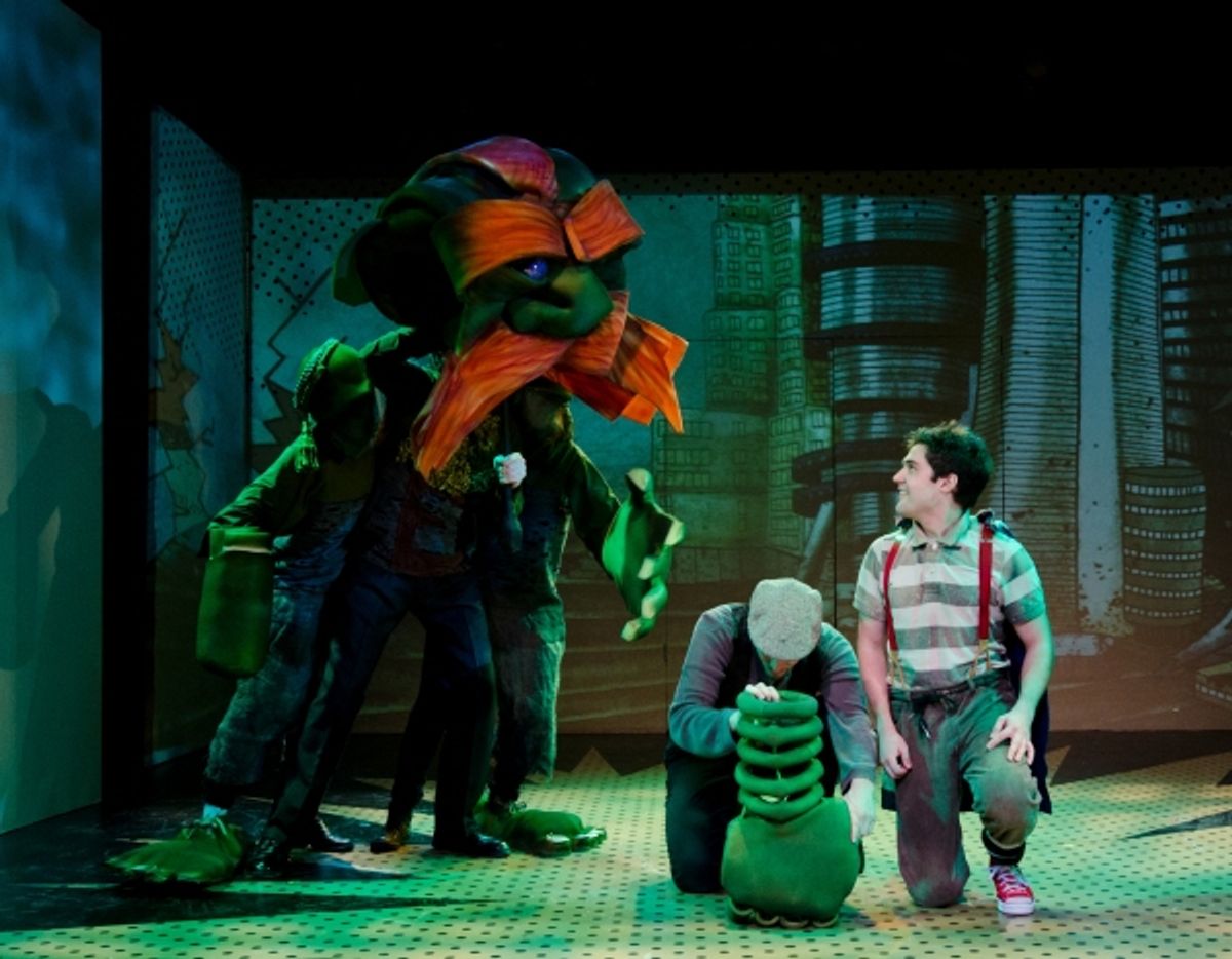 Bobby Moreno, Katey Parker & Chloe Moser (All covered up playing Lothar puppet), Eric Wright on floor with head down (Hand), and Joe Paulik (P.S. Jones) at 