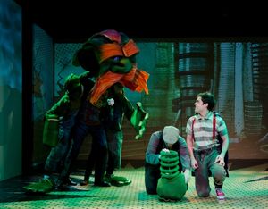 Bobby Moreno, Katey Parker & Chloe Moser (All covered up playing Lothar puppet), Eric Wright on floor with head down (Hand), and Joe Paulik (P.S. Jones) @ BroadwayWorld Bobby Moreno, Katey Parker & Chloe Moser (All covered up playing Lothar puppet), Eric Photo