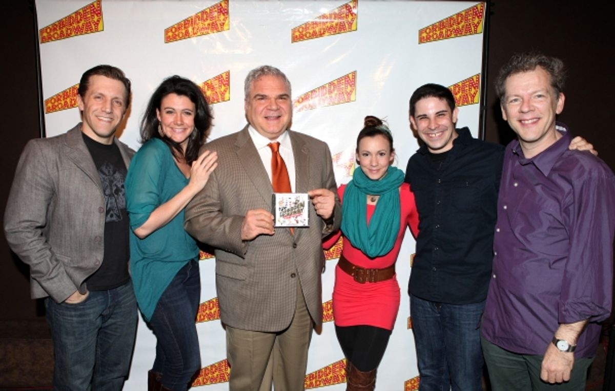 Scott Richard Foster, Natalie Charle Ellis, Forbidden Broadway creator, writer/director Gerard Alessandrini, Jenny Lee Stern, Marcus Stevens and musical director David Caldwell  at 
