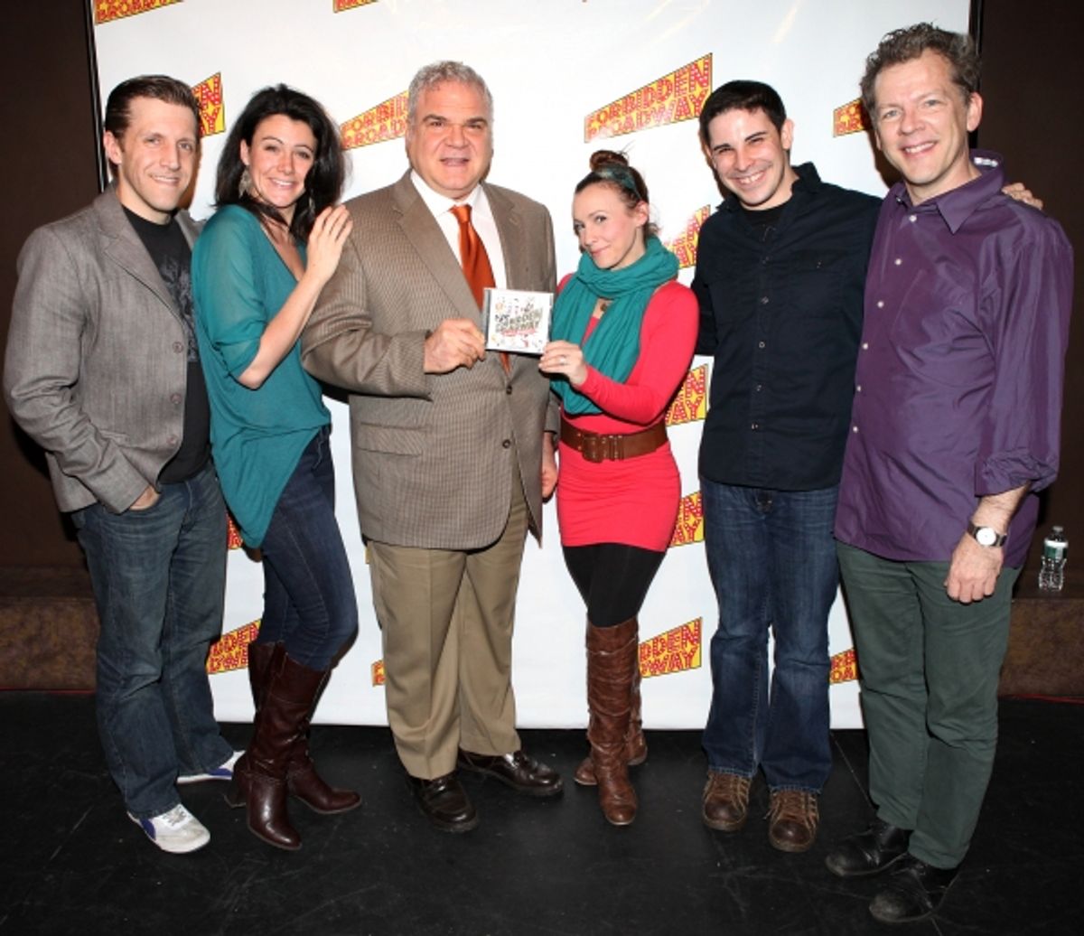 Scott Richard Foster, Natalie Charle Ellis, Forbidden Broadway creator, writer/director Gerard Alessandrini, Jenny Lee Stern, Marcus Stevens and musical director David Caldwell at 