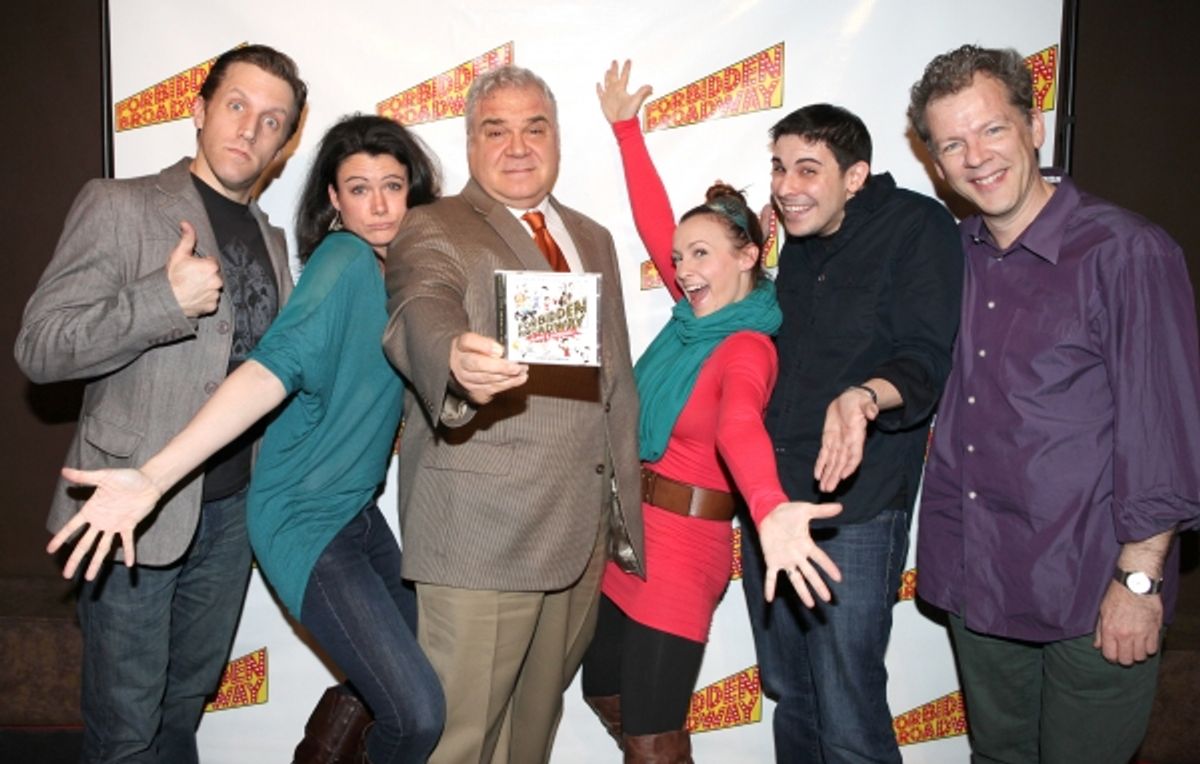 Scott Richard Foster, Natalie Charle Ellis, Forbidden Broadway creator, writer/director Gerard Alessandrini, Jenny Lee Stern, Marcus Stevens and musical director David Caldwell at 