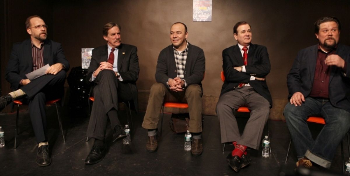 Author Robert Simonson, Actors' Equity Association President Nick Wyman, Danny Burstein, Lee Roy Reams, & Illustrator Justin 'Squigs' Robertson at 