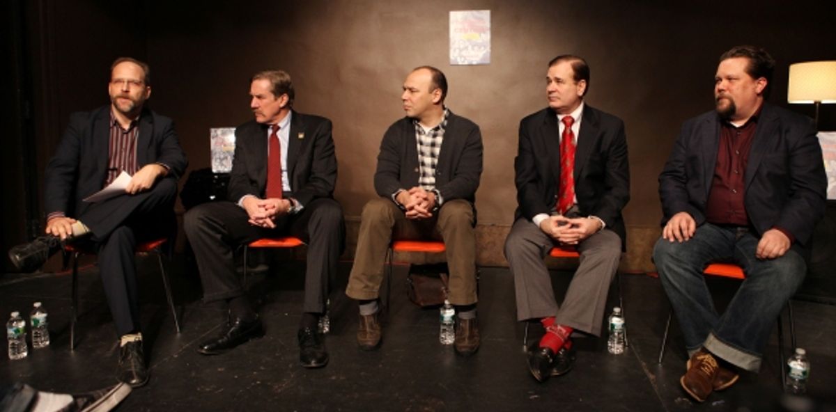 Author Robert Simonson, Actors' Equity Association President Nick Wyman, Danny Burstein, Lee Roy Reams, & Illustrator Justin 'Squigs' Robertson at 