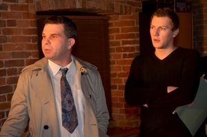 Mark Hill (Detective Thompson) and Richard Allen (Tony) in rehearsals for 'M' Photo