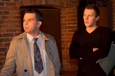 Mark Hill (Detective Thompson) and Richard Allen (Tony) in rehearsals for 'M' Photo