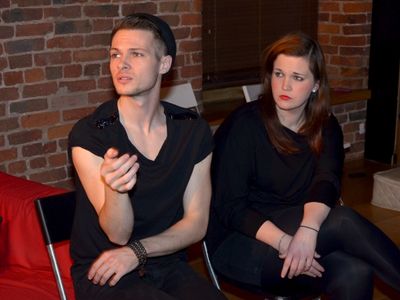 Nathaniel Hall (Sebastian) and Ciara Tansey(Catherine) in rehearsals for 'M' Photo