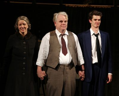 Linda Emond, Phillip Seymour Hoffman & Andrew Garfield during the Opening Night Perfo Photo