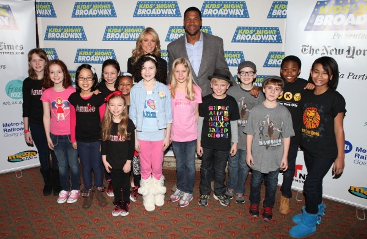 Kelly Ripa & Michael Stahan with Lilla Crawford and young cast members from 'Annie', 'The Lion King', 'Mary Poppins' & 'Newsies' attending the Kids' Night on Broadway ticket launch with National Ambassadors Kelly Ripa & Michael Stahan at the Augu at 
