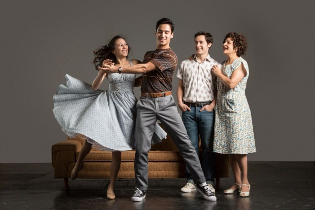 ebecca (Michelle Cabinian) dances with her brother Alejandro (Michael Rosen) as their brother Francisco (Eddie Gutierrez) and mother Inez (Priscilla Lopez)  look on. at 