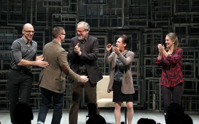John Schiappa, Daniel Stern, Laurie Metcalf & Zoe Perry calling Playwright Sharr Whit Photo