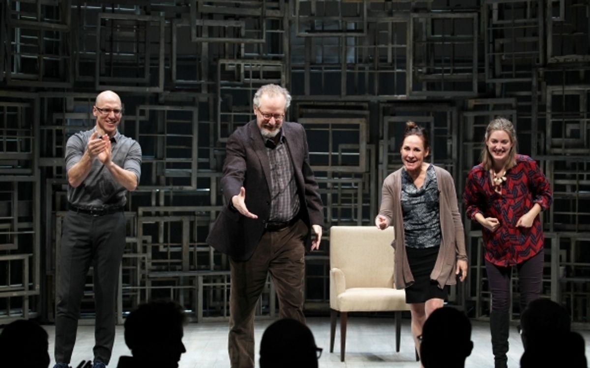 John Schiappa, Daniel Stern, Laurie Metcalf & Zoe Perry calling Playwright Sharr White. Photo Credit: Walter McBride at 