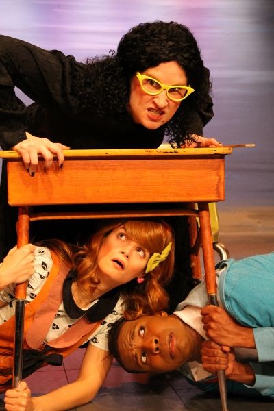 Viola Swamp (Katie Harrison) and her terrified students (Jessica Knapp and Chioke Cor Photo