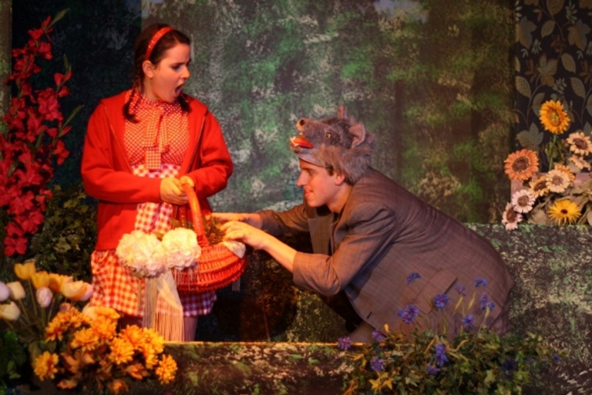 Meredith Deighton (Little Red Riding Hood) catches Benjamin Deman (Wolf) trying to steal her basket of goodies. at 