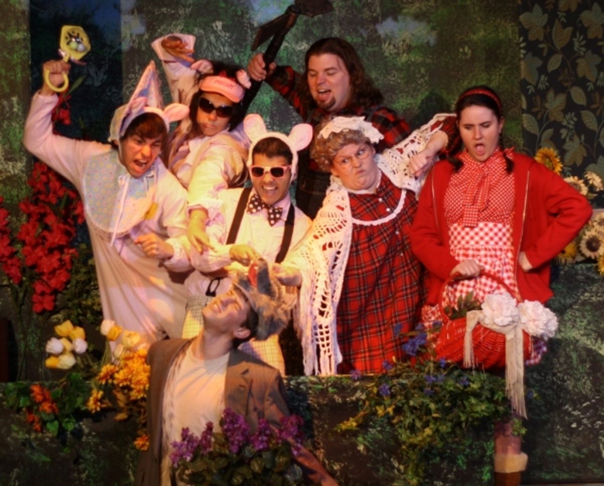 Atran Raikany (Porky), Lillian Bishop (Oink), Emilio Rodriguez (Bacon Bits), Dick Ward (Huntsman), Paige Vanzo (Granny), and Meredith Deighton (Little Red Riding Hood) all want to punish Benjamin Deman (Wolf) for his wrong-doings. at 