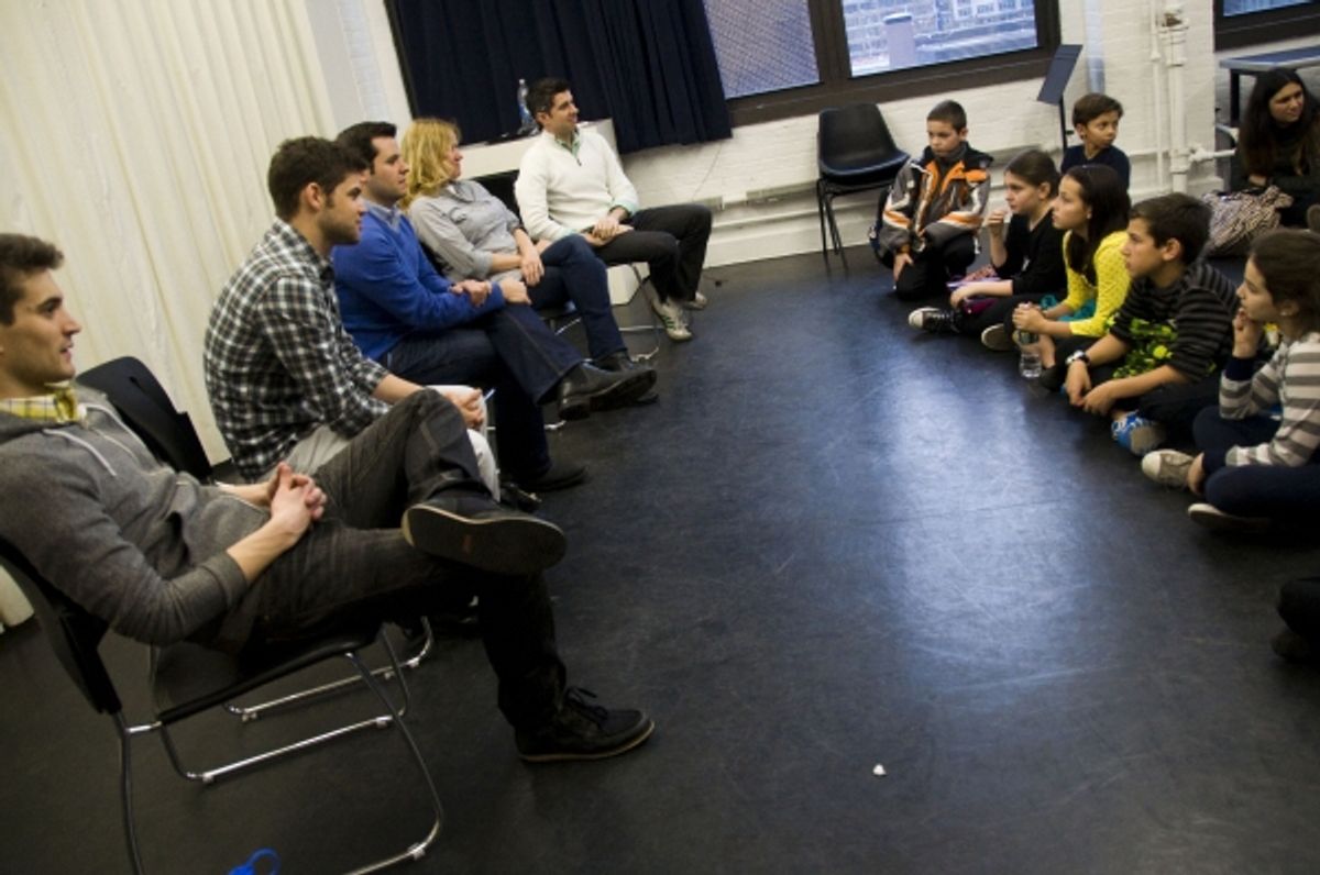 Jeremy Jordan, Mo Brady, Patrick Goodwin, Karyn Casl and Marc Tumminelli with students at 