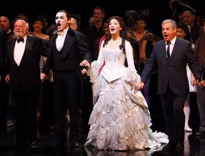 Hal Prince, Hugh Panaro, Sierra Boggess & Cameron Mackintosh during the 'Phantom of t Photo