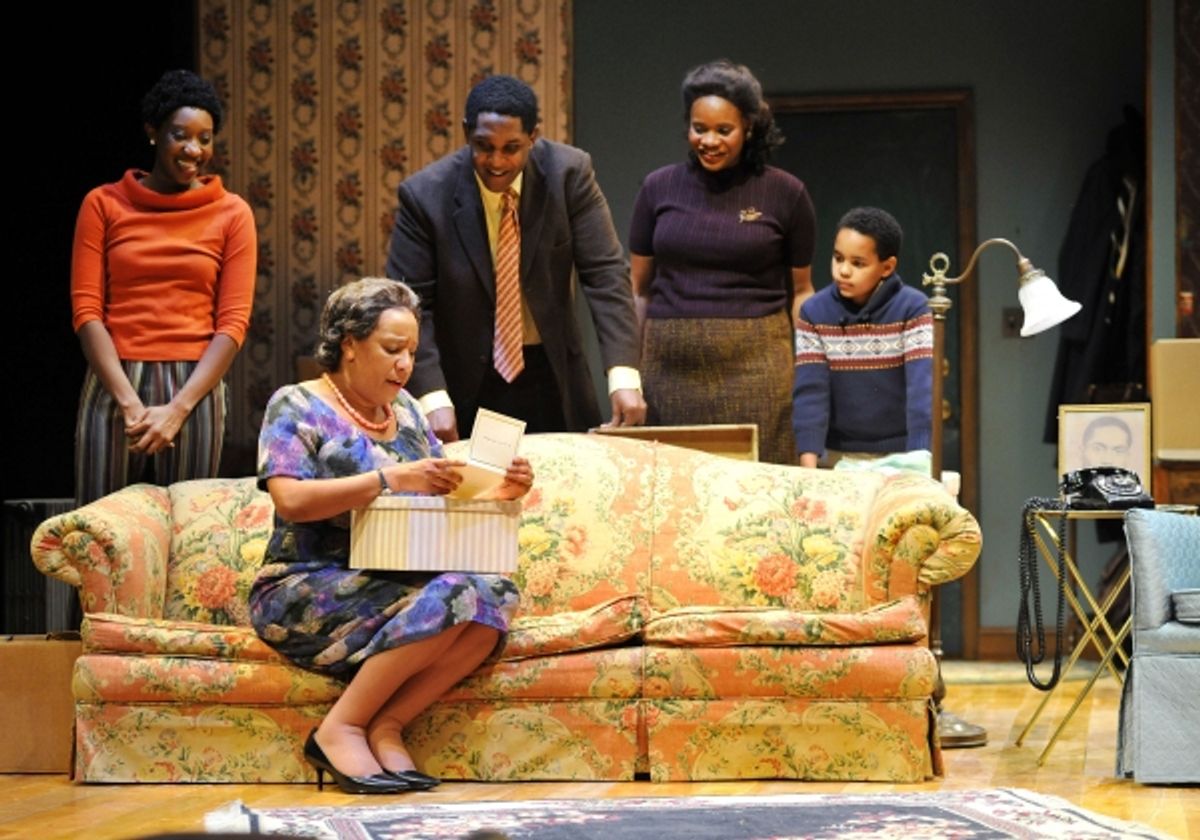 MIRIAM HYMAN as Beneatha Younger, MIKAAL SULAIMAN as Walter Lee Younger, DEE DEE BATTEAST as Ruth Younger, VICTOR WADDELL as Travis Younger, and seated, KATHRYN HUNTER-WILLIAMS as Lena Younger. at 