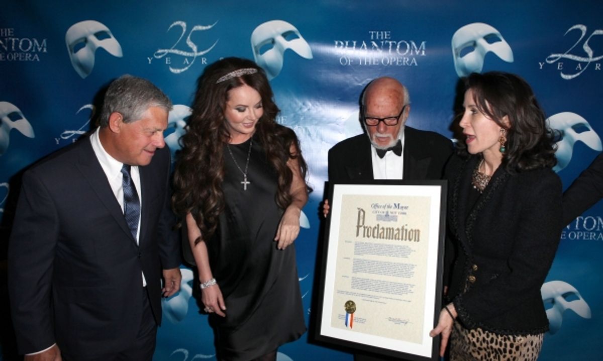 Cameron Mackintosh, Sarah Brightman &  Hal Prince with Katherine Oliver the Commissioner of New York City Mayor's Office of Media & Entertainment presenting a Proclamation naming January 26 'The Phantom Of The Opera Day'  at 