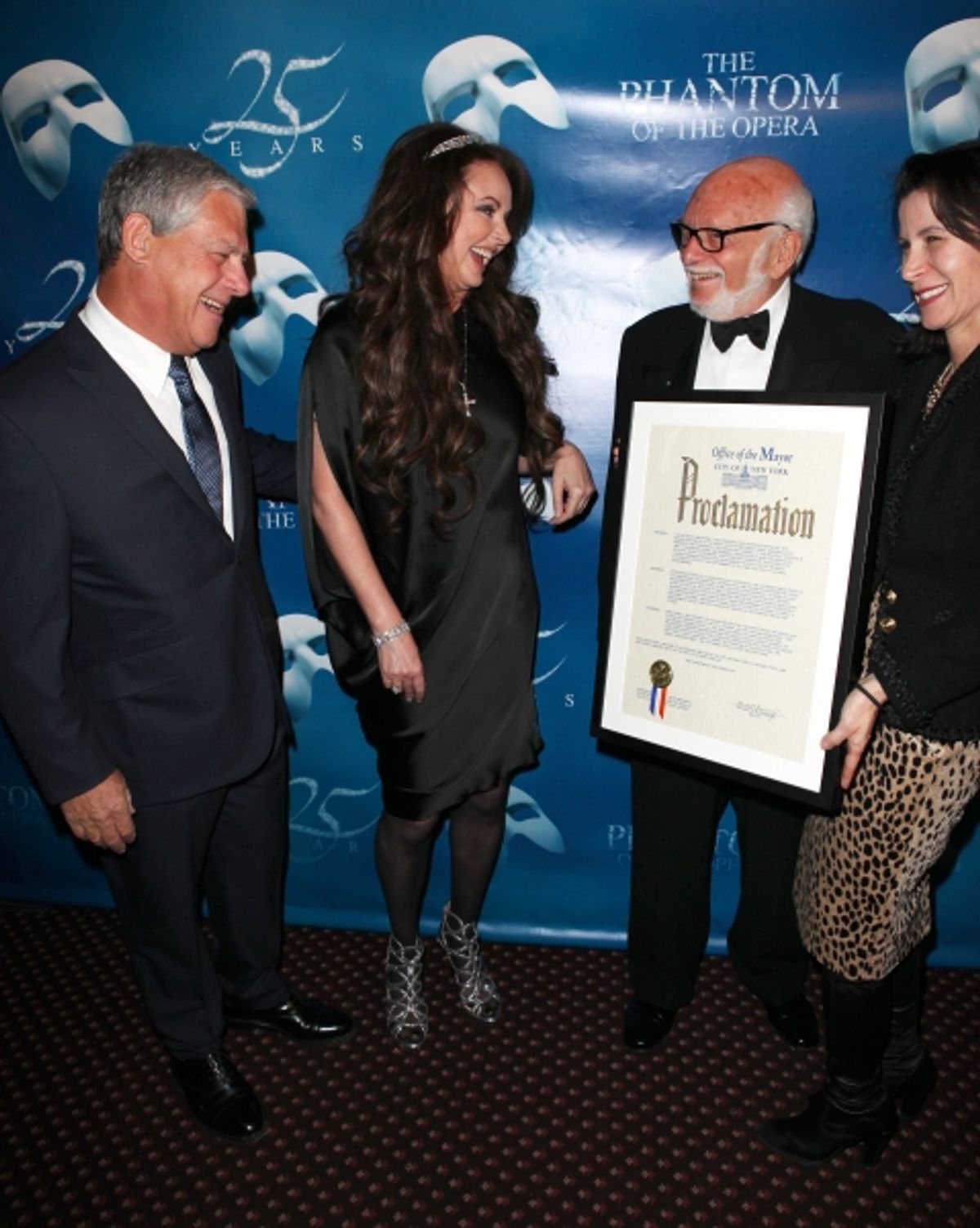 Cameron Mackintosh, Sarah Brightman &  Hal Prince with Katherine Oliver the Commissioner of New York City Mayor's Office of Media & Entertainment presenting a Proclamation naming January 26 'The Phantom Of The Opera Day'  at 