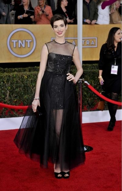 Anne Hathaway wearing Giambattista Valli (All Photos by Stewart Cook / Rex USA) Photo