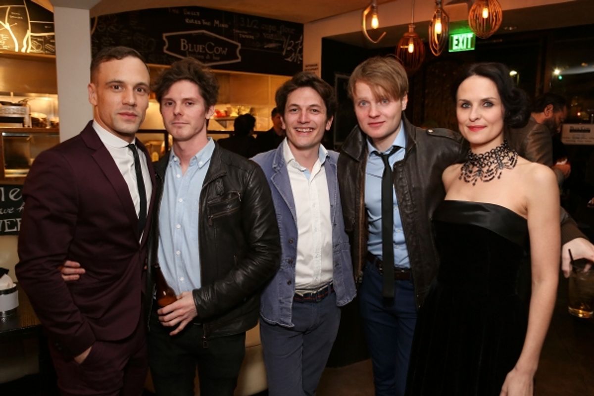 From left, cast members Nick Blood (plays Stuart Sutcliffe), Oliver Bennett (plays Pete Best), Dominic Rouse, Daniel Healy (plays Paul McCartney) and Leanne Best (plays Astrid Kirchherr) pose during the party for the opening night performance of 'Backbeat at 
