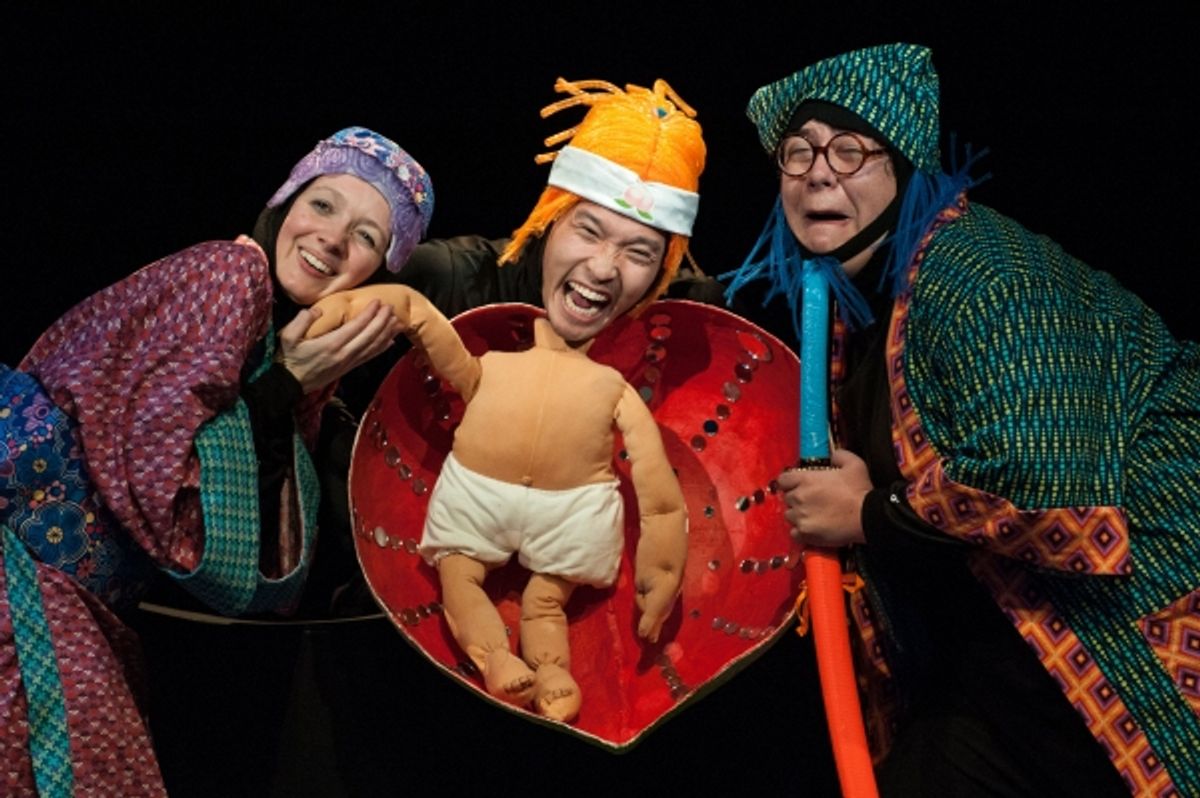 Tia Shearer as Old Woman, Jacob Yeh as Momotaro, and Phillip Reid as Old Man at 