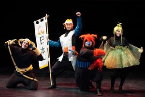 Rafael Untalan as Saru the Monkey, Jacob Yeh as Momotaro, Phillip Reid as Inu the Dog, Tia Shearer as Kiji the Bird
@ BroadwayWorld Rafael Untalan as Saru the Monkey, Jacob Yeh as Momotaro, Phillip Reid as Inu the Dog Photo