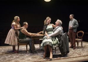 (second from left) Stanley’s (ensemble member Ian Barford) birthday party continues with (left to right) Meg (ensemble member Moira Harris), Lulu (Sophia Sinise), Goldberg (ensemble member Francis Guinan) and McCann (Marc Grapey) @ BroadwayWorld (second from left) Stanley’s (ensemble member Ian Barford) birthday Photo