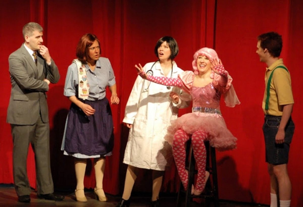 Matt Stashin (Mr. Pinkerton and a Bee); Amy Dolce (Mrs. Pinkerton and Butterfly 1); Christina Corsaro (Alison, Dr.Wink and Butterfly 2);  Audra Rizzo (Pinkalicious); Hans Paul Hendrickson (Peter) at 