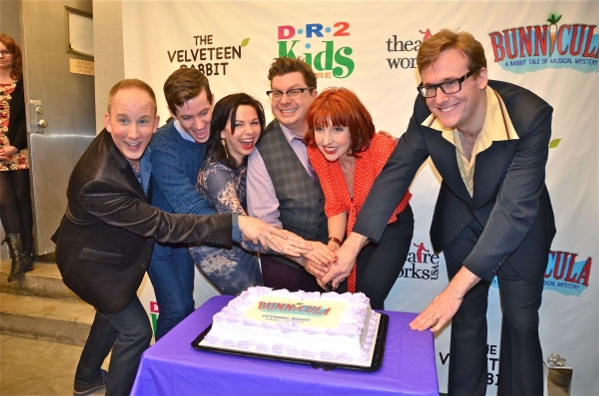 Cast Cutting the Cake Celebration Prescott Seymour, John Garry Ashley Campana, Robert Anthony Jones, Erin Maguire, Abe Goldfarg at 