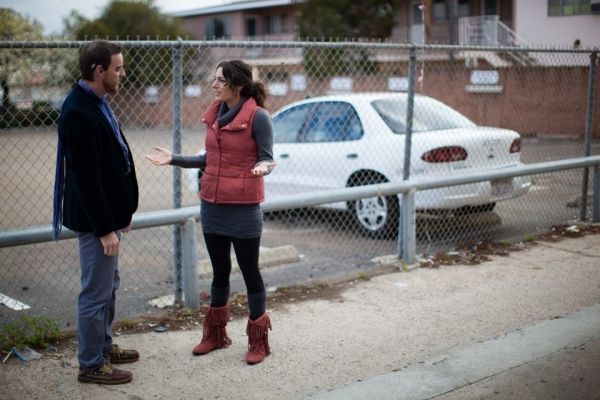 Michael Nieto and Laura Kaplan-Nieto as Chris and Alex say goodbye. Photo