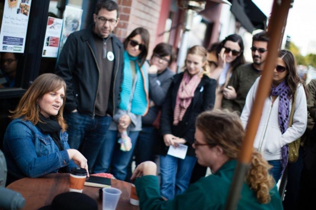 Delia Knight as Alex and Jon Huckaby as Sam meet for coffee. at 