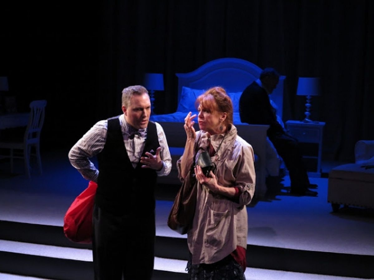 An elderly American vacationing in London (sitting, Jack Davidson) is the subject of plans by a woman resident of his hotel (Amy Van Nostrand) and its concierge (Christopher Borg). at 