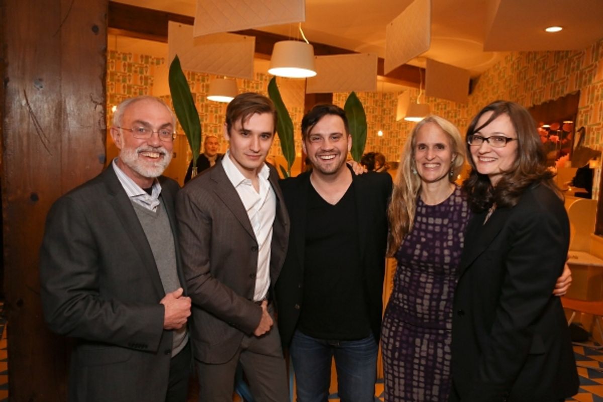 From left, David Van Asselt, Rattlestick Artistic Director; cast member Seth Numrich; Playwright Daniel Talbott; cast member Wendy vanden Heuvel and cast member Addie Talbott pose during a reception for New York's Rattlestick Playwrights Theater to celeb at 