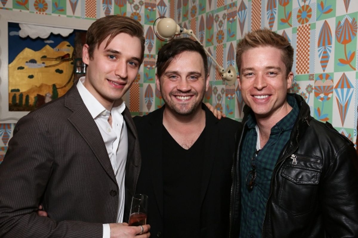 From left, cast member Seth Numrich, Playwright Daniel Talbott and actor Daniel Abeles pose during a reception for New York's Rattlestick Playwrights Theater to celebrate its upcoming Los Angeles production of Daniel Talbott's 'Slipping' held at the Bea at 