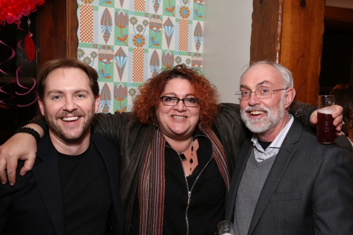 From left, Matt Shakman, Artistic Director of Black Dahlia; Jessica Kubzansky, Artistic Producer of Boston Court and David Van Asselt, Rattlestick Artistic Director pose during a reception for New York's Rattlestick Playwrights Theater to celebrate its u at 